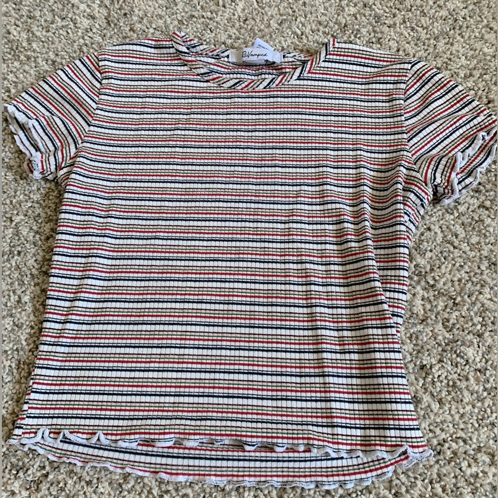 Red, white, green, black, stripped shirt. Brand is ReVamped. No stains no rips